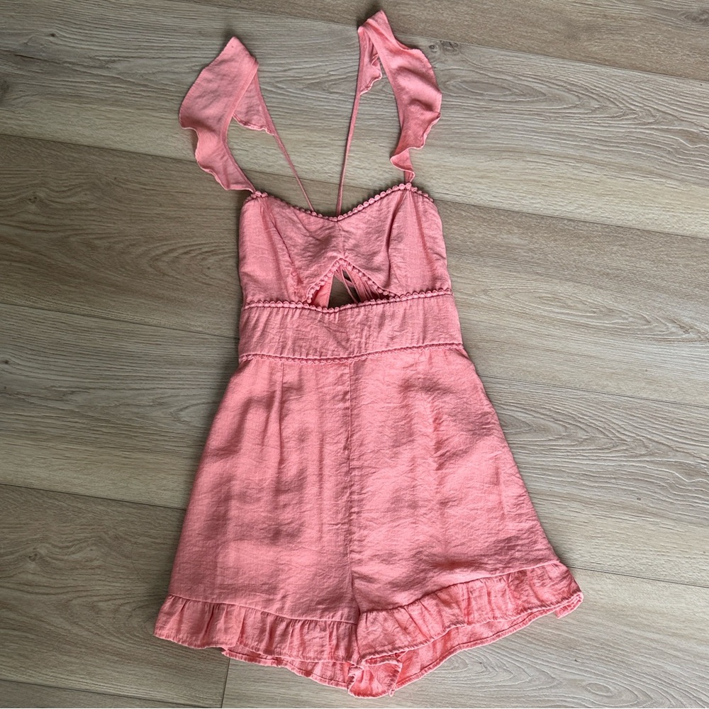 Coral Ruffle Sleeve Romper